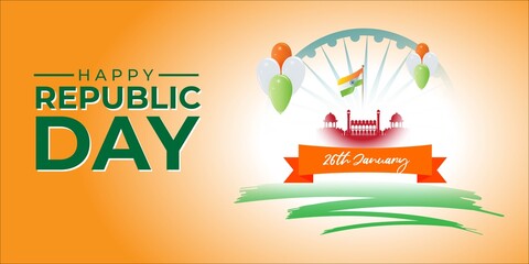 Vector banner of Happy Republic day, 26 january, national holiday of India, Indian flag, balloons, red fort, template for website and social media.