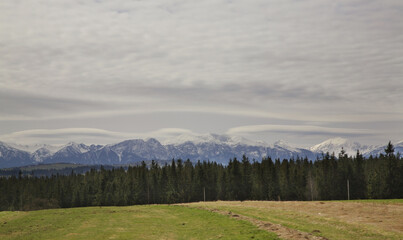 Field and mountain near Szaflary and Zakopane. Poland