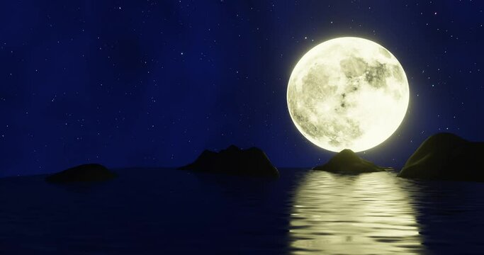 The golden yellow full moon is reflected in the sea. The shadow of the island in the ocean The sky has many stars. Ripples on the sea at night.3D Rendering