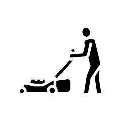 gardener with lawn mower glyph icon vector. gardener with lawn mower sign. isolated contour symbol black illustration