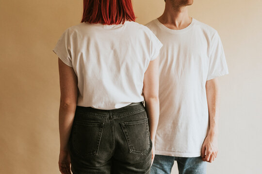 Man and woman in white t-shirt jeans