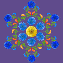 Fototapeta na wymiar Mandala from dried pressed flowers, petals. Marigold, calendula. Mandala is symbol of Buddhism, yoga. Ornament mandala with pattern floral elements in oriental style for relax and meditation