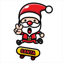 cute santa claus character is riding a skateboard with peaceful hands