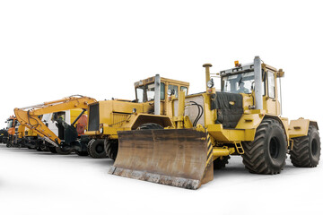 Two heavy wheeled tractor one excavator and other construction machinery isolated on white background