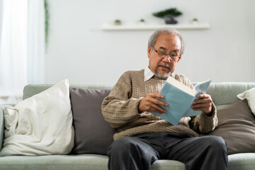 Asian elderly man reading fiction book at home