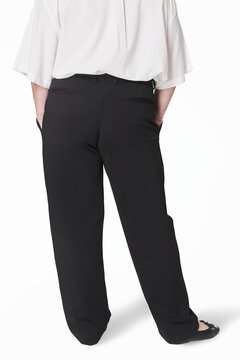 Plus Size Women's White Shirt Black Pants Fashion Shoot In Studio