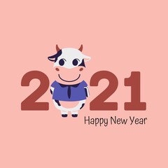 2021 Happy New Year with lovely cow cartoon on pink background