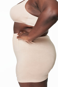 Size inclusive beige lingerie apparel mockup model facing side