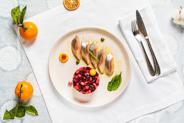 New Year table with different dishes and drinks