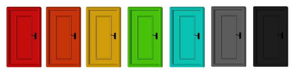 set of colored closed doors, indoor collection  of colorful door 