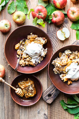 Delicious apple crumble vanilla ice cream flat lay