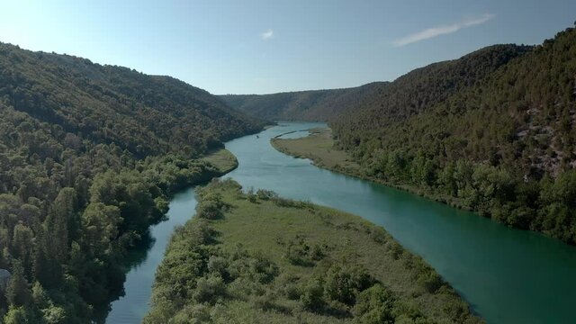 Flying over Krka National Park and seeing boat.