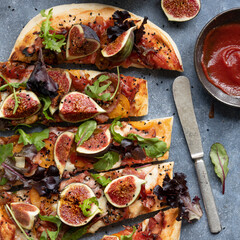 Pizza mozzarella fig and lettuce slices food photography