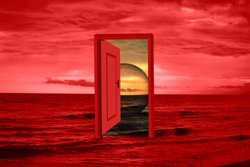 open fantasy door to the ocean sun morning. from the hell to the heaven concept 