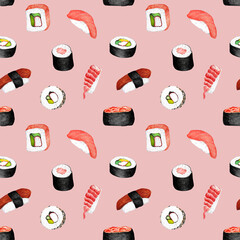 Watercolor Hand Drawn Illustration Seamless Pattern Print Japanese Asian Food Sushi Sashimi Maki Roll Set Pink Background
