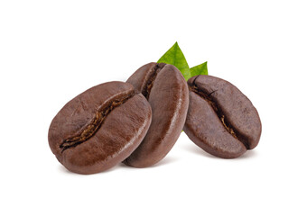Roasted coffee beans with coffee leaves studio shot isolated on white background, Healthy products by organic natural ingredients concept