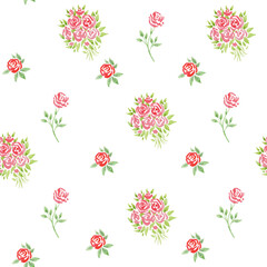 Watercolor illustration. Pattern with small scarlet roses. Bouquets and single flowers.