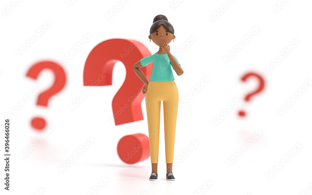 Poster a woman thinking with a question mark,looking for a solution.decision and problem concept. 3d render