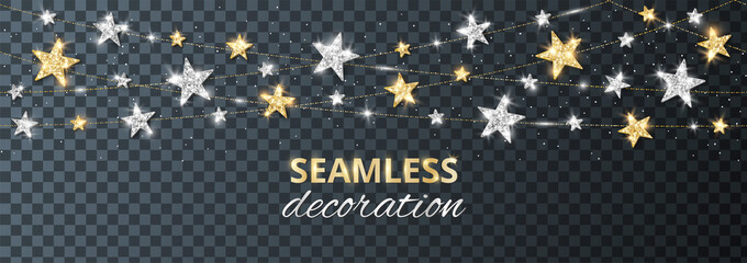 Seamless vector decoration isolated on transparent background. Strings with silver and gold stars. Sparkling glitter holiday border. For Christmas party posters, wedding invitations, birthday cards.