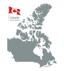 Silhouette of Canada country map. Gray editable map with waving national flag and Ottawa city capital, North America country territory borders vector illustration on white background