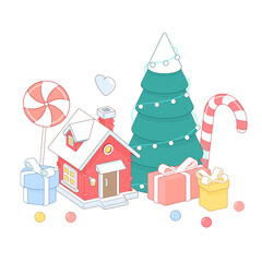 Winter Christmas house, fire tree, sweets and presents isolated on white background. 3d isometric vector illustration