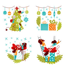 Small people characters decorating christmas tree and presents. New year decoration. Fantasy little people in giant world flat cartoon style hand drawn vector illustration