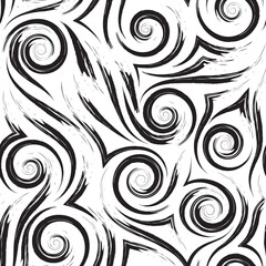 Vector seamless pattern of smooth brush strokes or waves in black. Smooth spiral stripes and corners monochrome texture for decoration of paper fabrics.