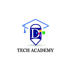 Letter D education and academy logo concept with pencil and toga hat for techno theme
