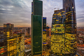 A view on Moscow city towers on sunset time, Russia