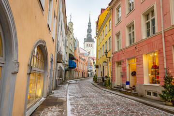 A narrow street in Tallinn town on a cold winter day in Estonia