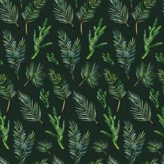 Watercolor evergreen christmas seamless pattern with fir branch, twigs spruce, winter greenery floral on dark backgroundl for to the textile fabric, wallpaper decor, wrapping paper, scrapbook paper