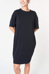 Happy woman in a drop shoulder dress mockup