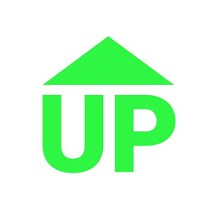 Fototapeta premium Green logo inscription UP on a white background. Up arrow. Letters U and P. Growth vector icon. Color vector illustration