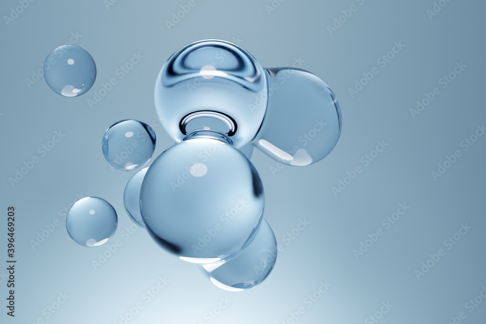 Poster 3d illustration of a transparent metaball with a huge number of parts on a blue background. digital 