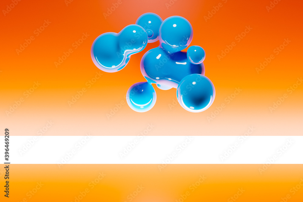 Poster 3d illustration of a blue metaball with a huge number of parts on a orange background. digital metab