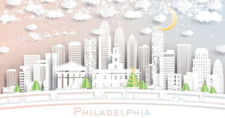 Philadelphia Pennsylvania USA City Skyline in Paper Cut Style with Snowflakes, Moon and Neon Garland.