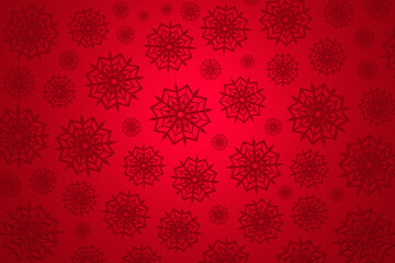 3d illustration of many snowflakes of different sizes and shapes on a red background. Winter snowflake pattern