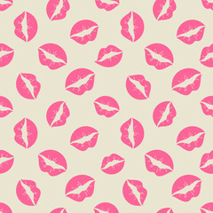 .Bright pink lips seamless pattern. Valentine's day, Pink lips, kisses on a yellow background. Vector illustration
