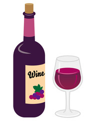 赤ワインのボトルとグラスのイラストセット/白背景