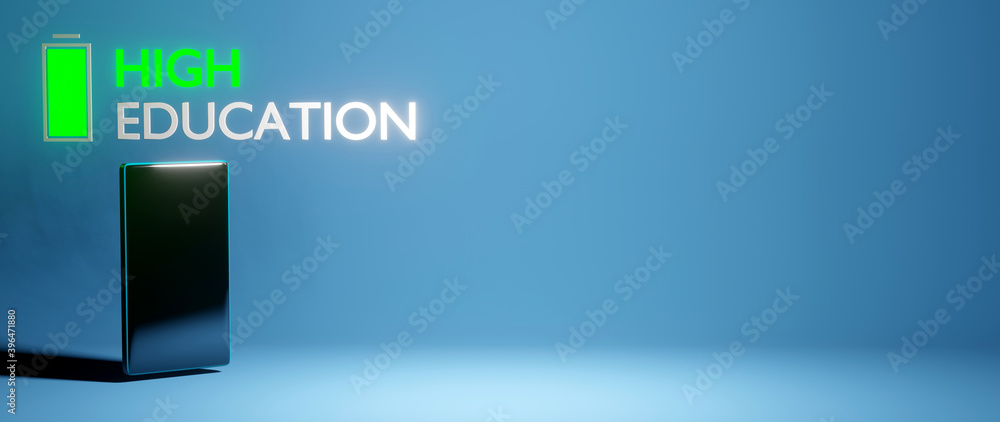 Poster 3d rendering of mobile phone and text for high education represent online learning on blue backgroun