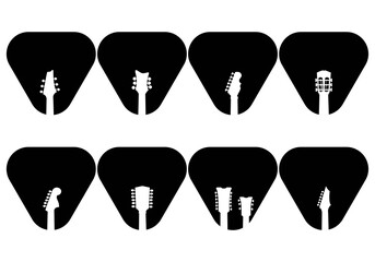 Logos for musical instrument stores, shops, recording studios, labels. Silhouette of guitar neck and plectrum set shape
vector eps 10