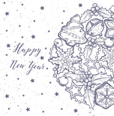 Happy New Year. Vector illustration,ginger biscuits,mistletoe, garlands, bells,wreath, handmade,card for you,background white,prints on T-shirts