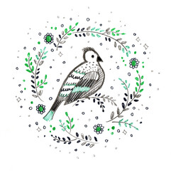 card banner poster, circle wreath bird leaves flowers. sketch markers, freehand drawing doodle lines scandinavian style background grunge texture. Nursery decor trend of the season, green black white