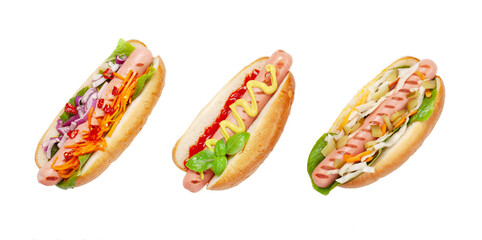Various hot dog with vegetables, lettuce and condiments