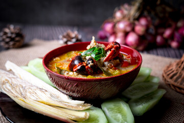 Thai local food called Field crab dipping source serve with fresh vegetable