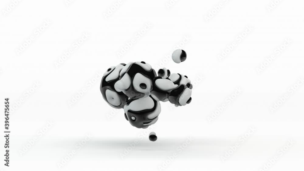 Poster 3d animation of beautiful harmonious movement of black and white matter drops with smooth transition
