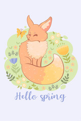 Postcard with spring fox. Inscription Hello spring. Vector graphics.