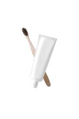 Bamboo brush and white toothpaste mock-up iIsolated on white background. 