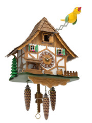 Cuckoo clock with yellow bird isolated on white background - 3D illustration - 396478281
