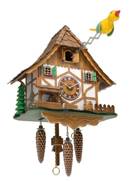 Cuckoo clock with yellow bird isolated on white background - 3D illustration